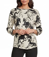 Westbound Petite Size Horses Print 3/4 Sleeve Knit Crew Neck Top