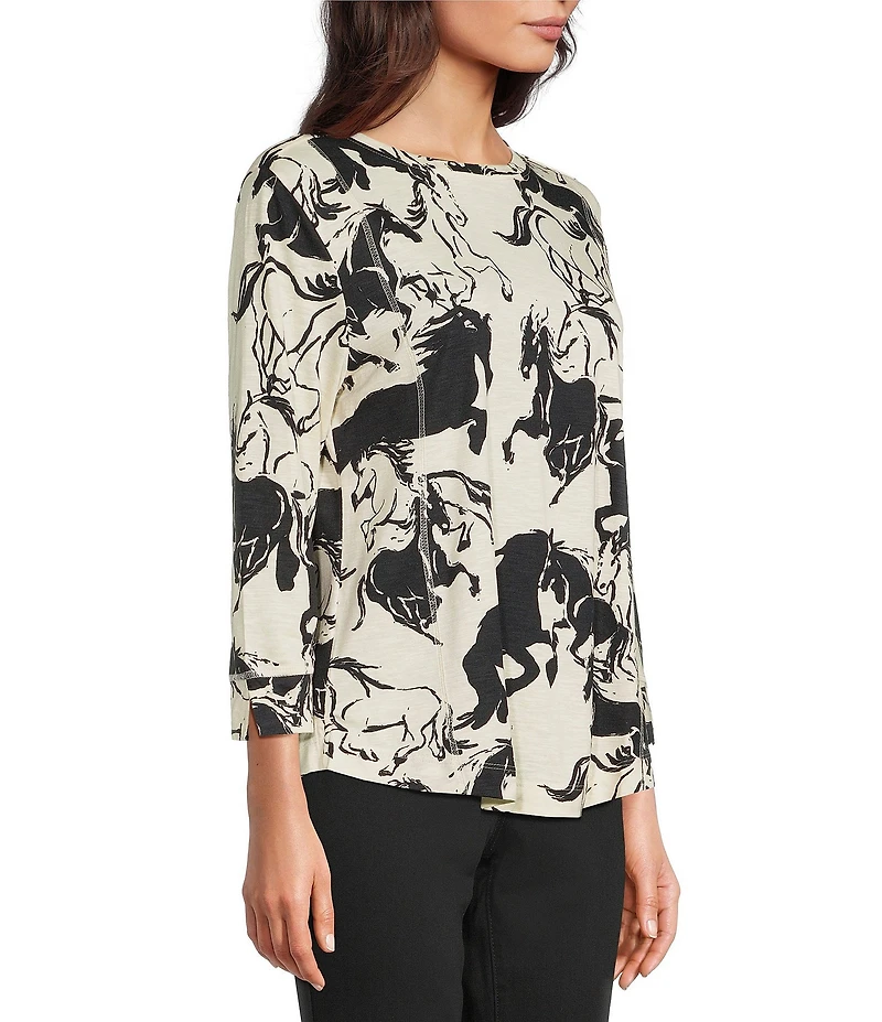 Westbound Petite Size Horses Print 3/4 Sleeve Knit Crew Neck Top