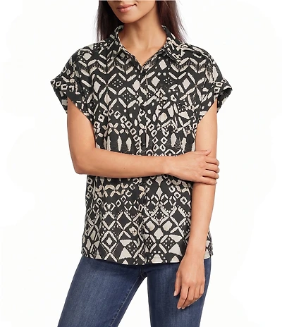 Westbound Petite Size Ikat Stripe Print Button Front Tie Hem Top