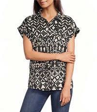 Westbound Petite Size Ikat Stripe Print Button Front Tie Hem Top