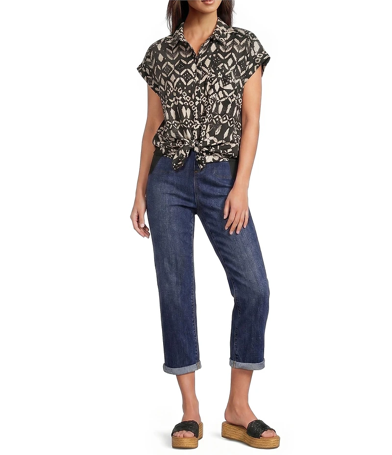 Westbound Petite Size Ikat Stripe Print Button Front Tie Hem Top