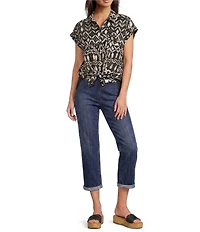 Westbound Petite Size Ikat Stripe Print Button Front Tie Hem Top