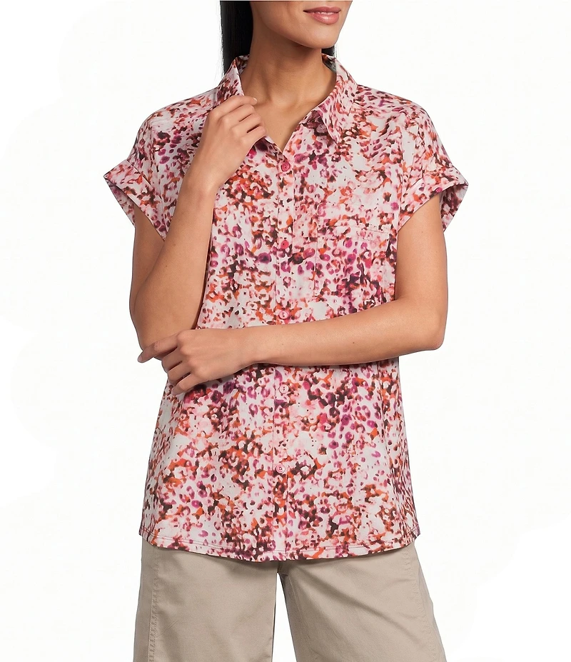 Westbound Petite Size Ikat Stripe Print Button Front Tie Hem Top