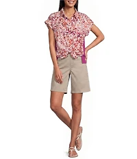 Westbound Petite Size Ikat Stripe Print Button Front Tie Hem Top