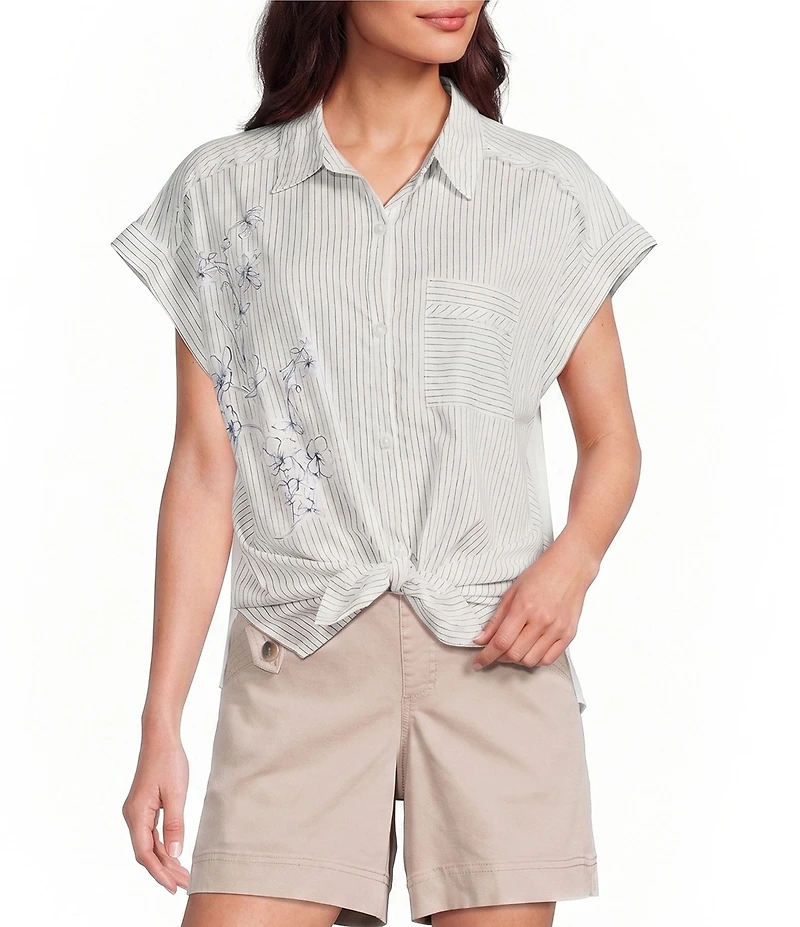 Westbound Petite Size Ikat Stripe Print Button Front Tie Hem Top
