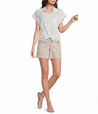 Westbound Petite Size Ikat Stripe Print Button Front Tie Hem Top