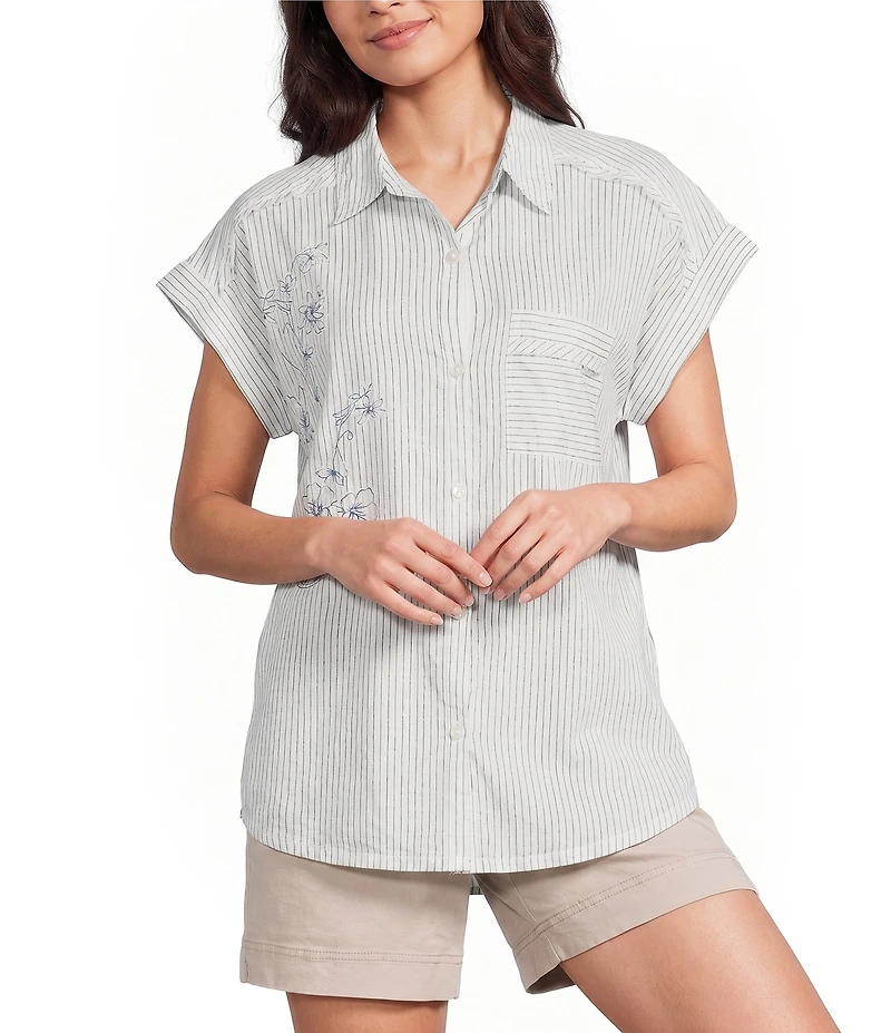 Westbound Petite Size Ikat Stripe Print Button Front Tie Hem Top