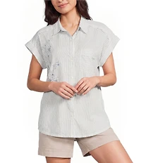 Westbound Petite Size Ikat Stripe Print Button Front Tie Hem Top