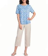 Westbound Petite Size Indigo Tile Slub Knit Short Sleeve Crew Neck Top