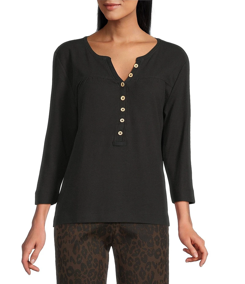 Westbound Petite Size Knit 3/4 Sleeve Henley Top