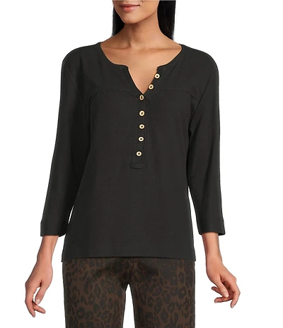 Westbound Petite Size Knit 3/4 Sleeve Henley Top