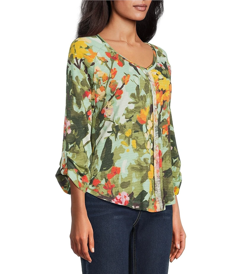 Westbound Petite Size Knit Beryl Green Wild Bouquet 3/4 Bell Sleeve V-Neck Top