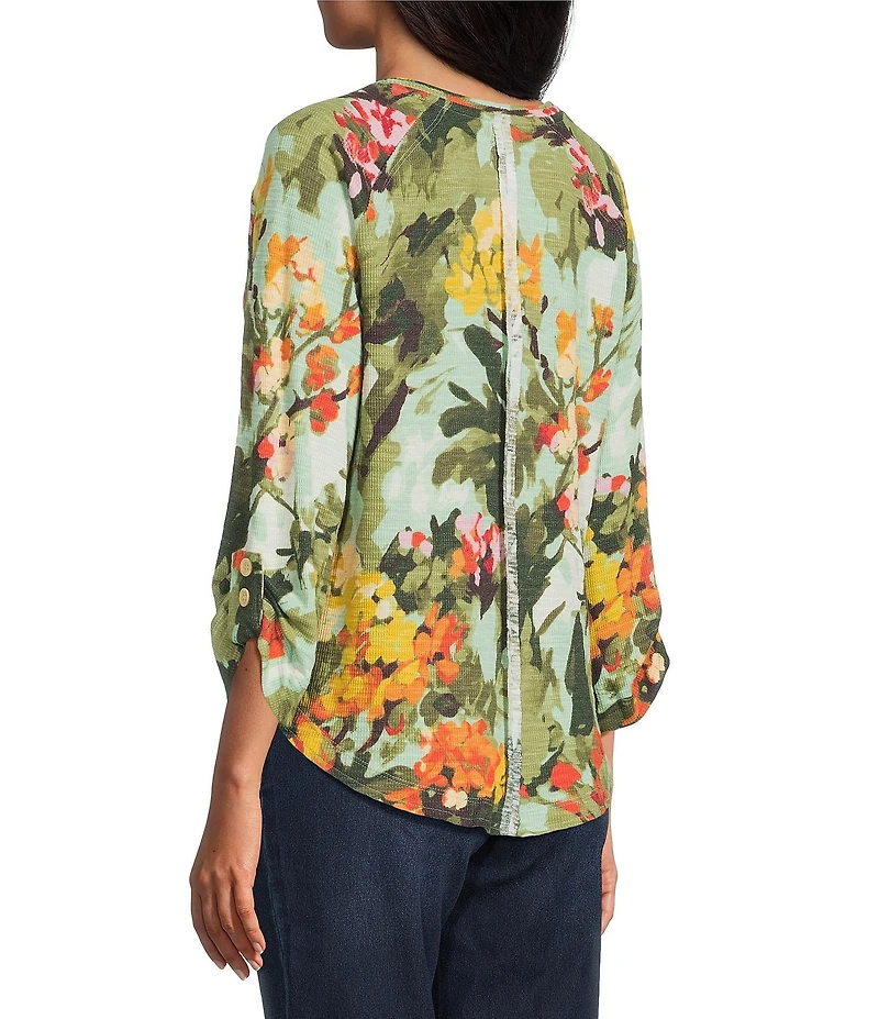 Westbound Petite Size Knit Beryl Green Wild Bouquet 3/4 Bell Sleeve V-Neck Top