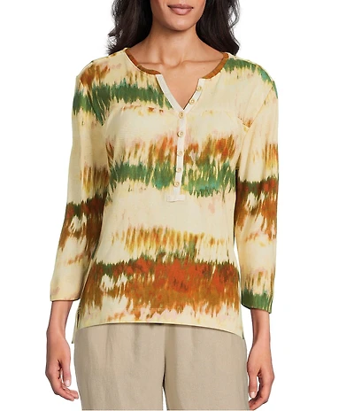 Westbound Petite Size Knit Dark Cream Autumn Sun 3/4 Sleeve Henley Top