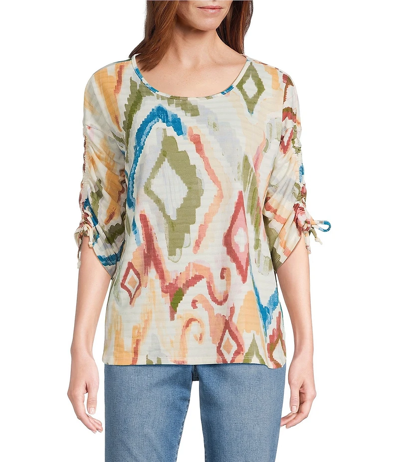 Westbound Petite Size Knit Dark Cream Watercolor Ikat 3/4 Ruched Sleeve Top