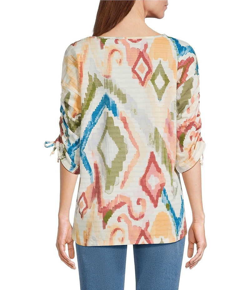 Westbound Petite Size Knit Dark Cream Watercolor Ikat 3/4 Ruched Sleeve Top