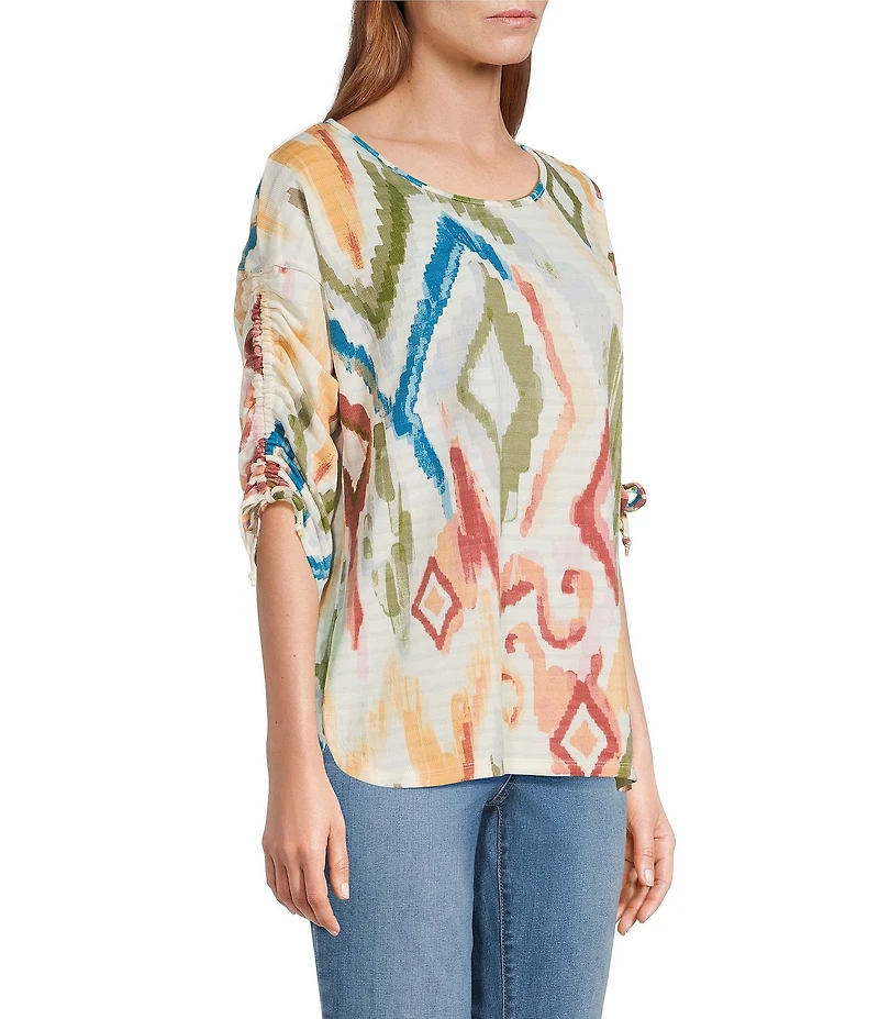 Westbound Petite Size Knit Dark Cream Watercolor Ikat 3/4 Ruched Sleeve Top