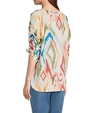 Westbound Petite Size Knit Dark Cream Watercolor Ikat 3/4 Ruched Sleeve Top