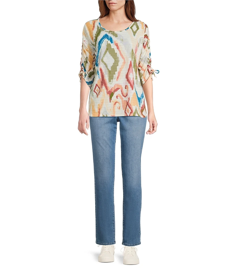 Westbound Petite Size Knit Dark Cream Watercolor Ikat 3/4 Ruched Sleeve Top