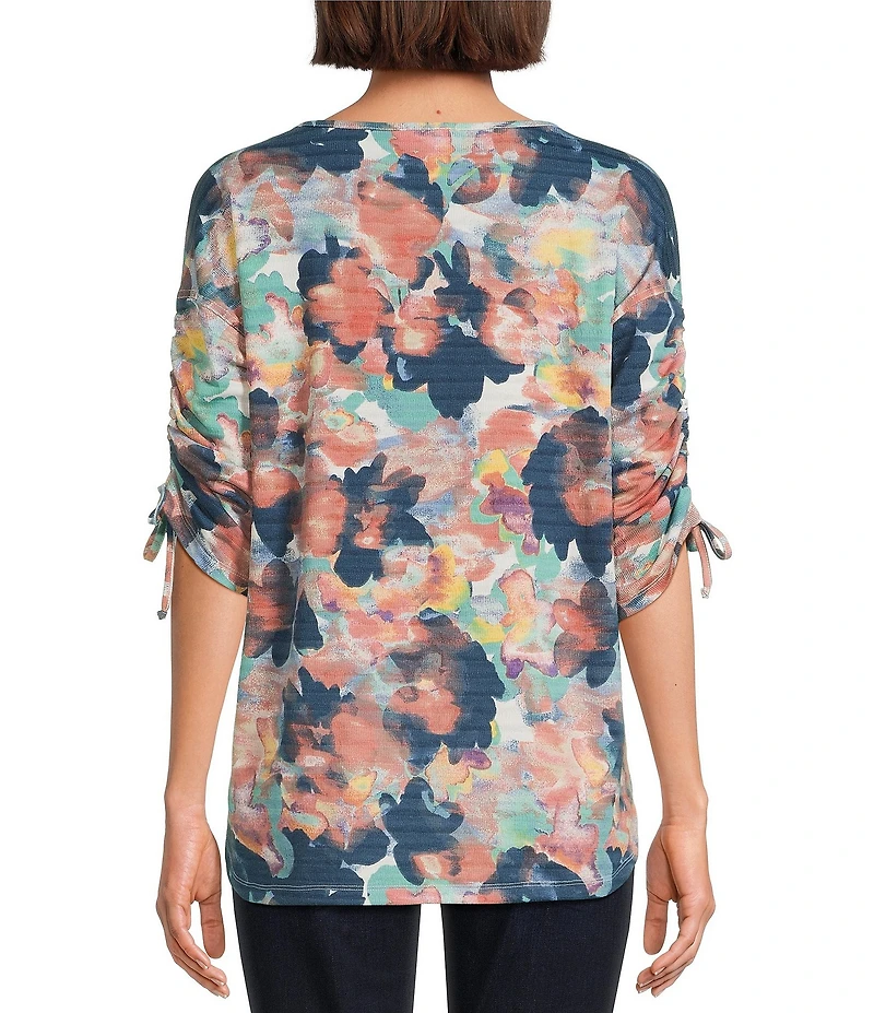 Westbound Petite Size Knit Dark Denim Blur Floral 3/4 Ruched Sleeve Top