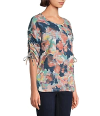 Westbound Petite Size Knit Dark Denim Blur Floral 3/4 Ruched Sleeve Top