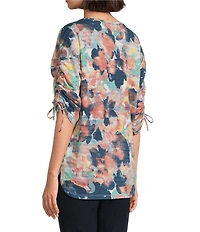 Westbound Petite Size Knit Dark Denim Blur Floral 3/4 Ruched Sleeve Top