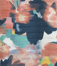 Westbound Petite Size Knit Dark Denim Blur Floral 3/4 Ruched Sleeve Top
