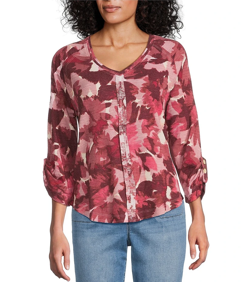 Westbound Petite Size Knit Fest Fuchsia Abstract Foliage 3/4 Bell Sleeve V-Neck Top