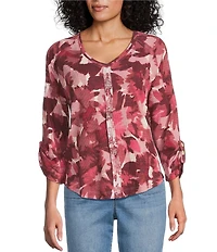 Westbound Petite Size Knit Fest Fuchsia Abstract Foliage 3/4 Bell Sleeve V-Neck Top