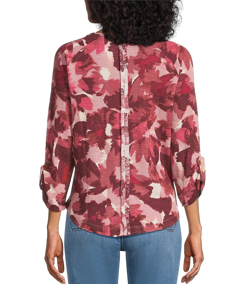 Westbound Petite Size Knit Fest Fuchsia Abstract Foliage 3/4 Bell Sleeve V-Neck Top