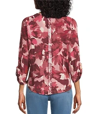 Westbound Petite Size Knit Fest Fuchsia Abstract Foliage 3/4 Bell Sleeve V-Neck Top