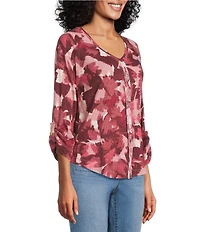 Westbound Petite Size Knit Fest Fuchsia Abstract Foliage 3/4 Bell Sleeve V-Neck Top