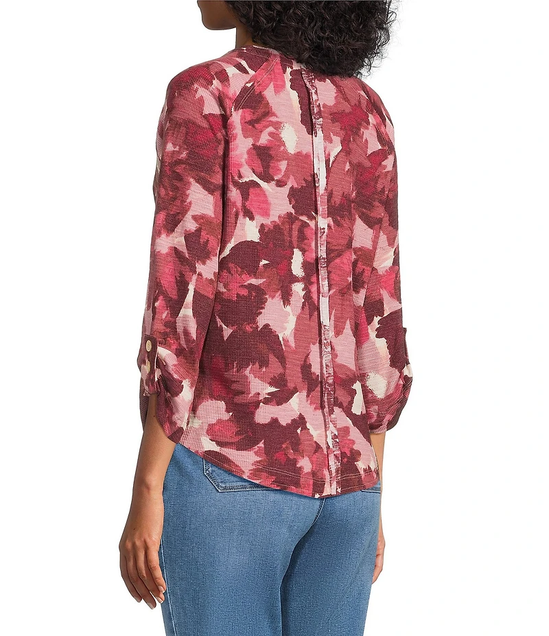 Westbound Petite Size Knit Fest Fuchsia Abstract Foliage 3/4 Bell Sleeve V-Neck Top
