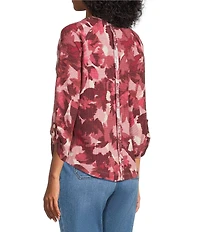 Westbound Petite Size Knit Fest Fuchsia Abstract Foliage 3/4 Bell Sleeve V-Neck Top