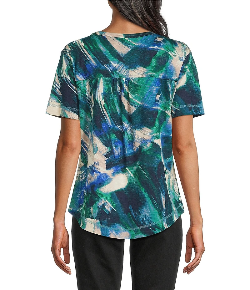 Westbound Petite Size Larkspur Blue Sweeping Wave Short Sleeve Crew Neck Slub Knit Top