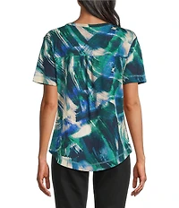 Westbound Petite Size Larkspur Blue Sweeping Wave Short Sleeve Crew Neck Slub Knit Top