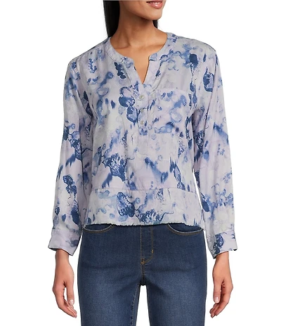 Westbound Petite Size Layered Splatter Woven 3/4 Roll-Tab Sleeve Henley Patch Pocket Top