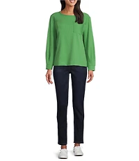 Westbound Petite Size Long Sleeve Button Cuff Crew Neck Pocket Top