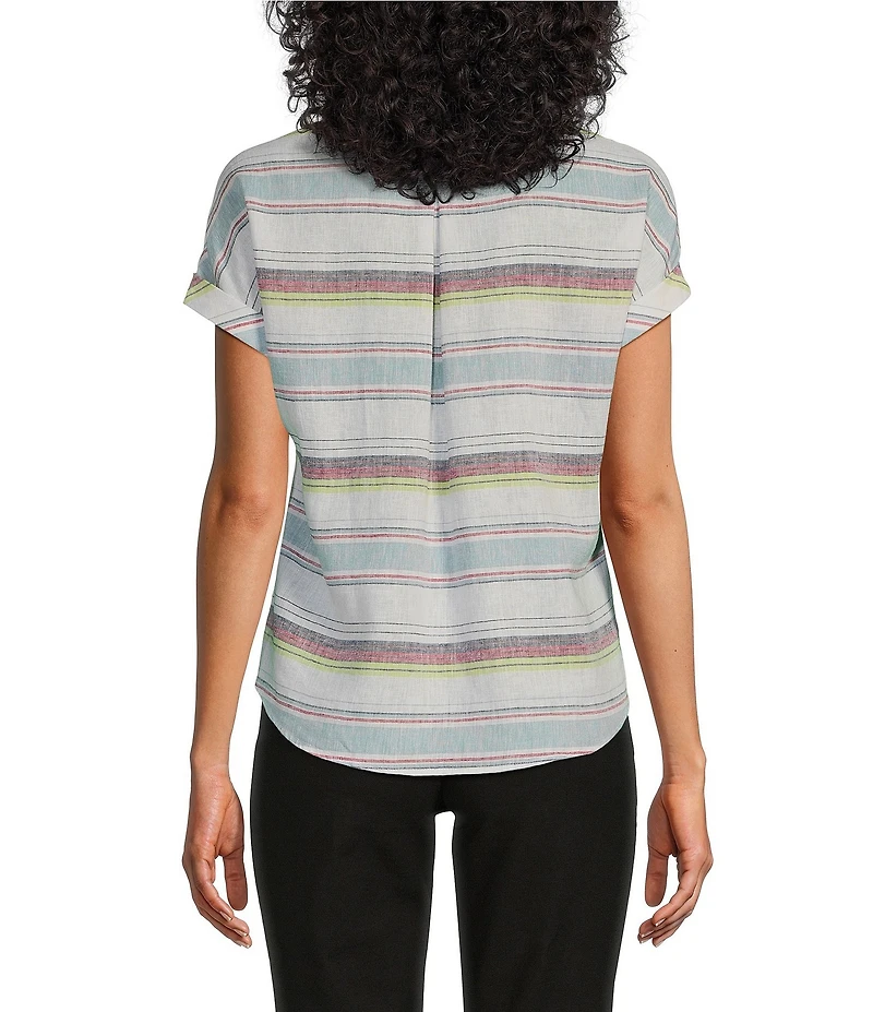 Westbound Petite Size Meadow Stripe Short Sleeve V-Neck Tie Front Top