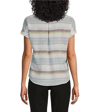 Westbound Petite Size Meadow Stripe Short Sleeve V-Neck Tie Front Top