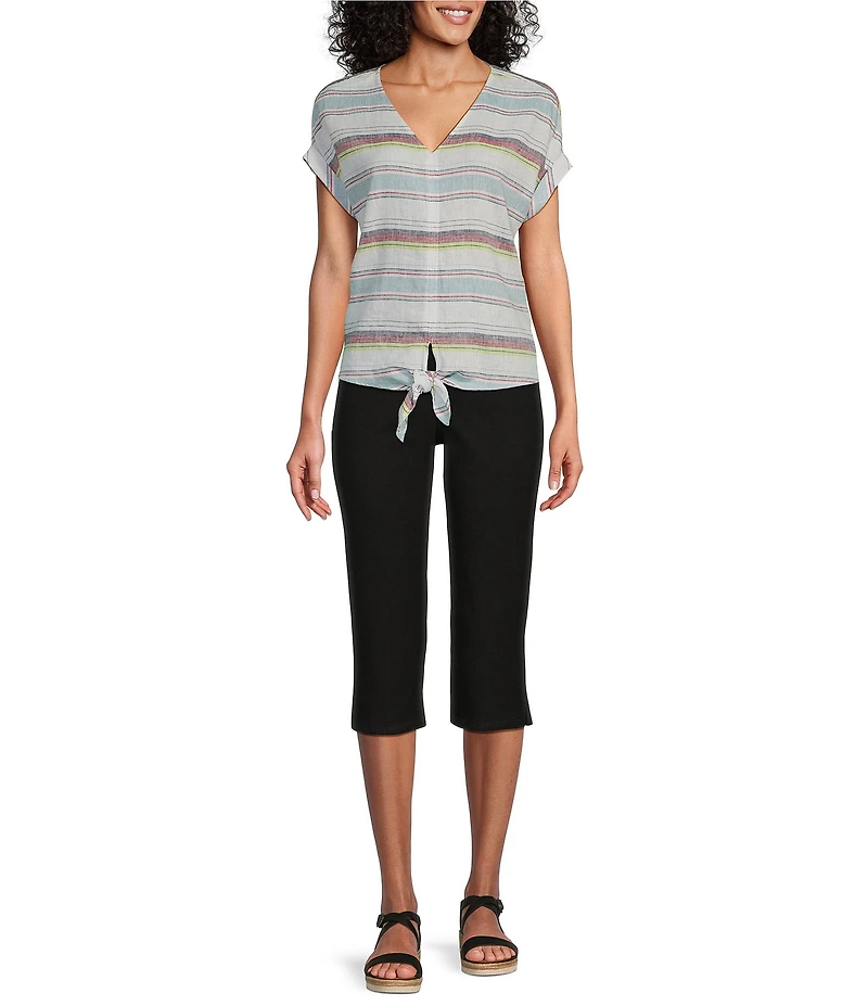 Westbound Petite Size Meadow Stripe Short Sleeve V-Neck Tie Front Top