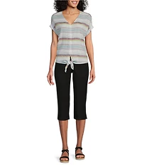 Westbound Petite Size Meadow Stripe Short Sleeve V-Neck Tie Front Top
