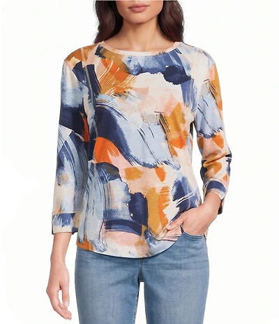Westbound Petite Size Multi Painted Brushstrokes Print 3/4 Sleeve Knit Crew Neck Top