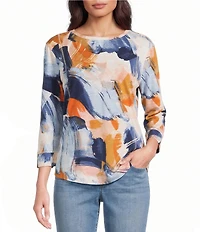 Westbound Petite Size Multi Painted Brushstrokes Print 3/4 Sleeve Knit Crew Neck Top