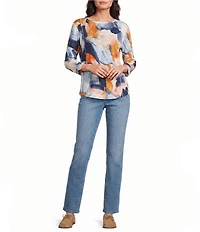 Westbound Petite Size Multi Painted Brushstrokes Print 3/4 Sleeve Knit Crew Neck Top