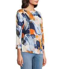 Westbound Petite Size Multi Painted Brushstrokes Print 3/4 Sleeve Knit Crew Neck Top