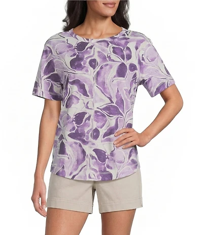 Westbound Petite Size Mystical Lily Lake Floral Short Sleeve Crew Neck Slub Knit Top