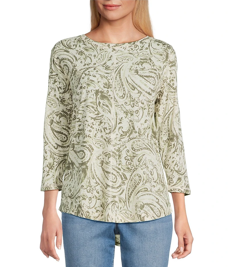 Westbound Petite Size Olive Paisley Swirl 3/4 Sleeve Crew Neck Knit Top