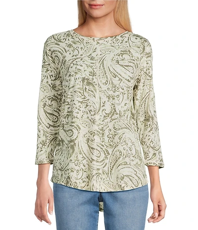 Westbound Petite Size Olive Paisley Swirl 3/4 Sleeve Crew Neck Knit Top