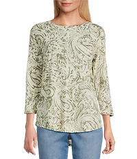 Westbound Petite Size Olive Paisley Swirl 3/4 Sleeve Crew Neck Knit Top